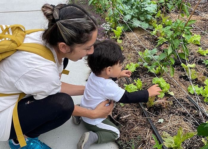 mother and small child looking at plants